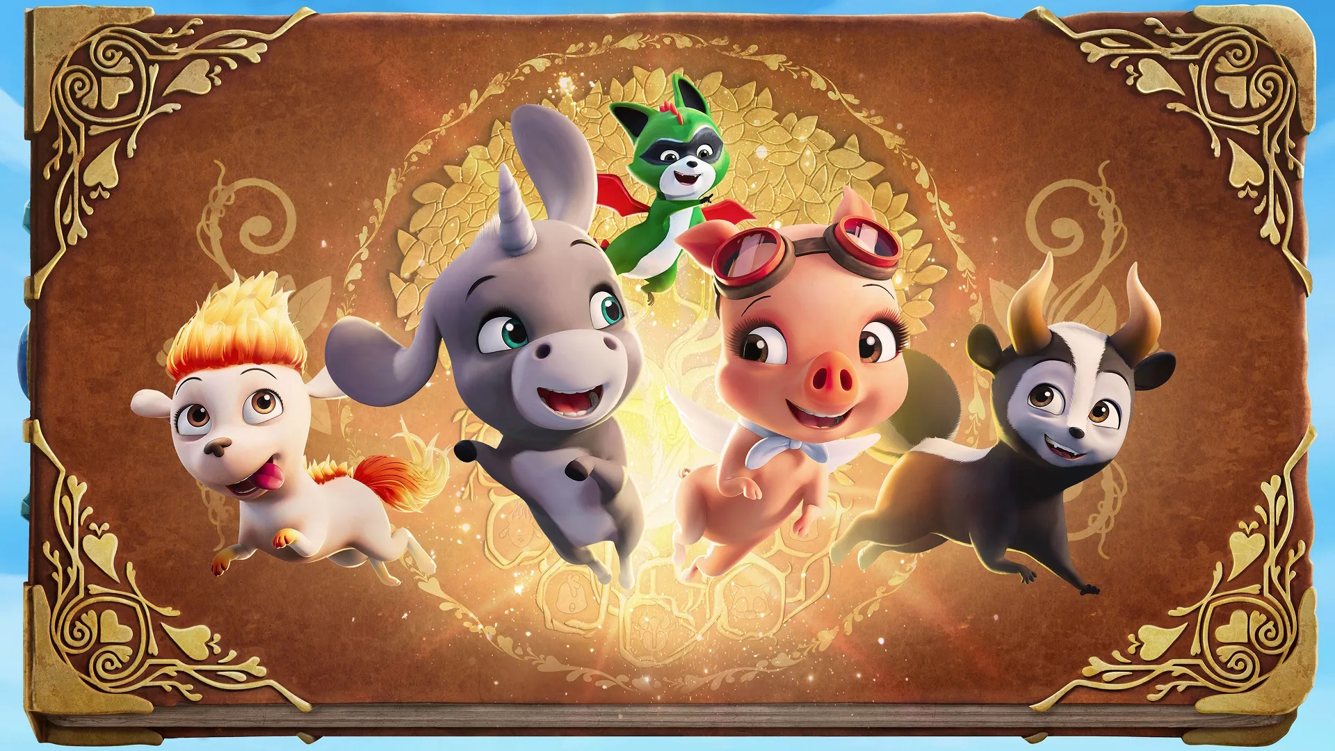 An official promotional graphic for the Disney Junior animated series Magicampers, featuring an ensemble of cute mythical mashup animal characters leaping forward from the cover of an ornate, golden storybook.
