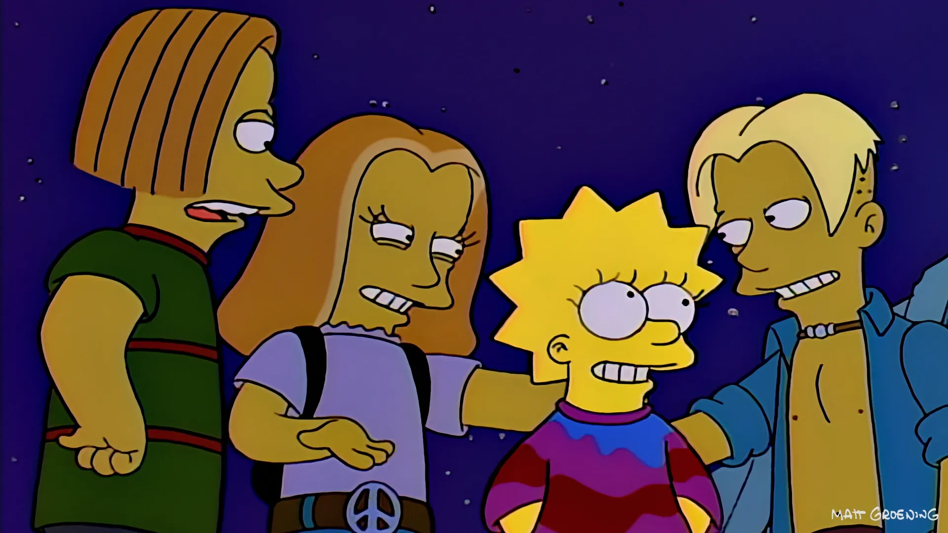 This scene is from The Simpsons episode "Summer of 4 Ft. 2 where Lisa Simpson is befriended by a group of cool kids at the beach.