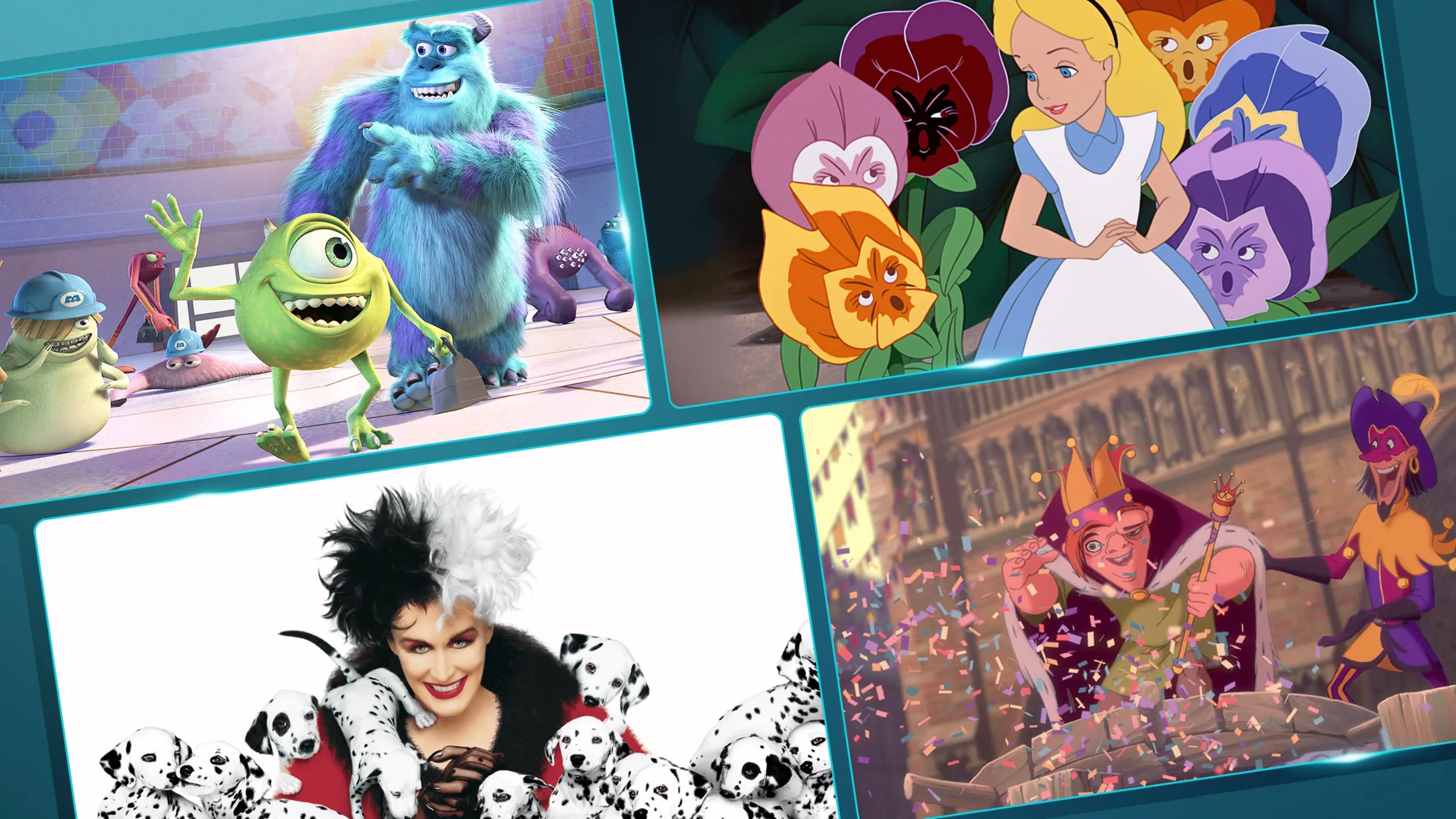 A collage of images from Disney and Pixar's Monsters, Inc., Alice in Wonderland (1951), 101 Dalmatians (1996), and The Hunchback of Notre Dame