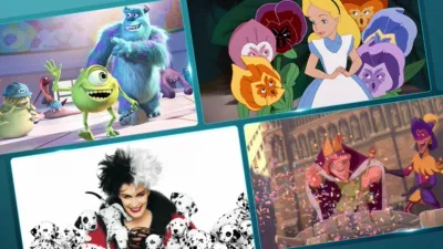 A collage of images from Disney and Pixar's Monsters, Inc., Alice in Wonderland (1951), 101 Dalmatians (1996), and The Hunchback of Notre Dame