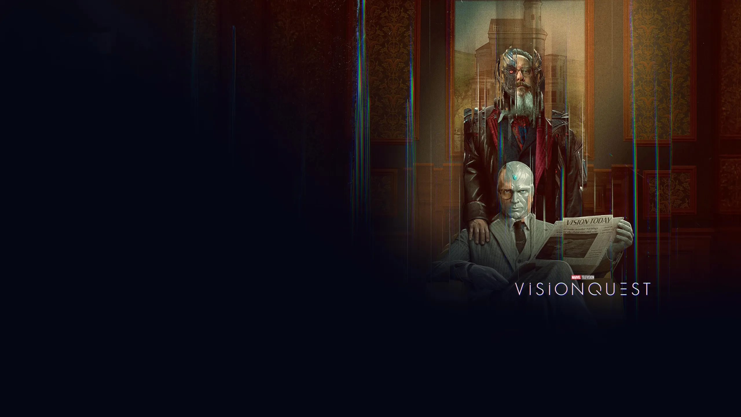 Vision Quest artwork featuring two versions of Vision in a mysterious, glitch-filled setting.