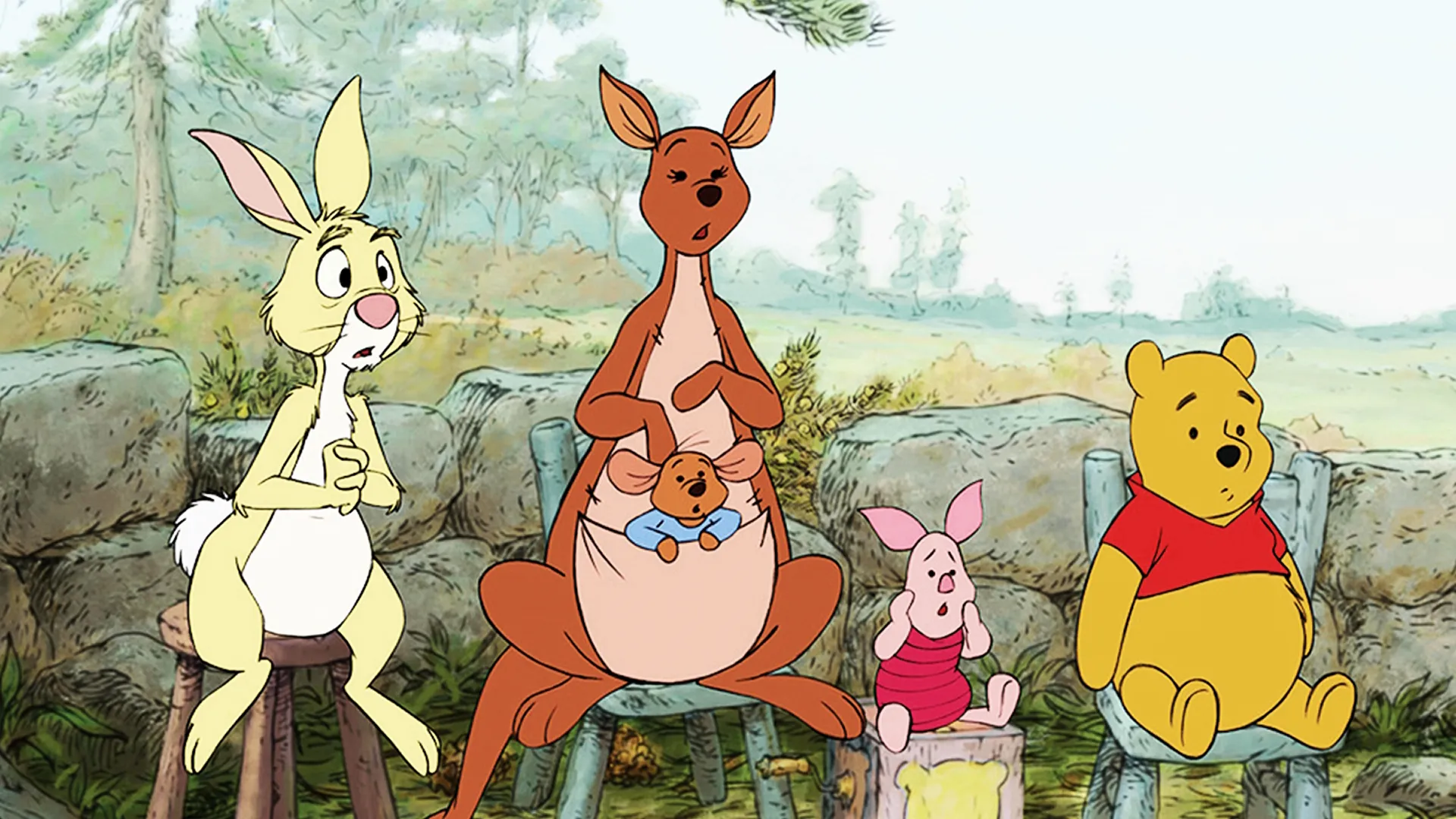 This image depicts a moment in time featuring characters from the Hundred Acre Wood, specifically Rabbit, Kanga, Roo, Piglet, and Winnie the Pooh. 