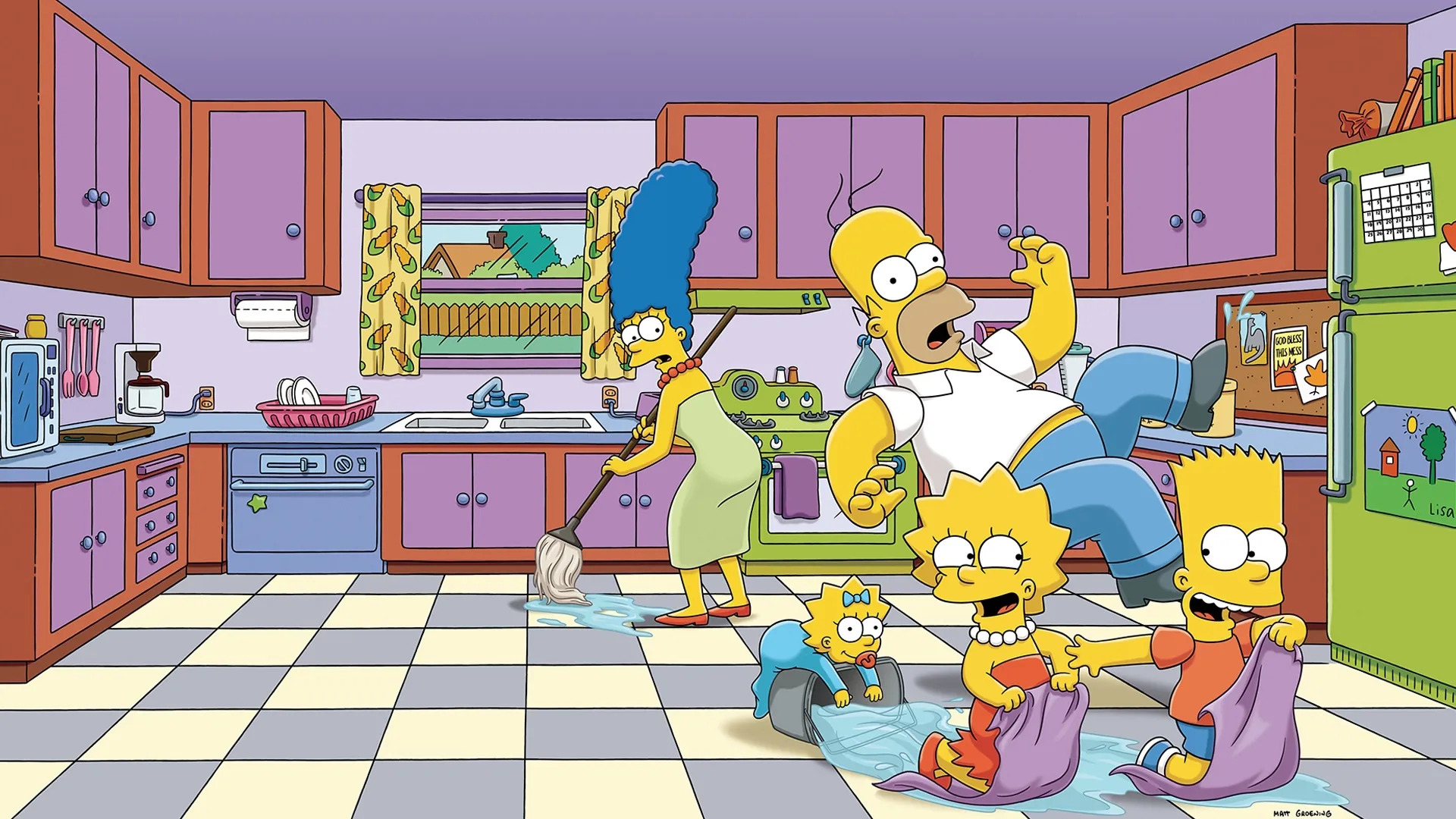 Homer Simpson sits at a kitchen table holding a fork between two pies while Lisa and Marge look on with concerned expressions.