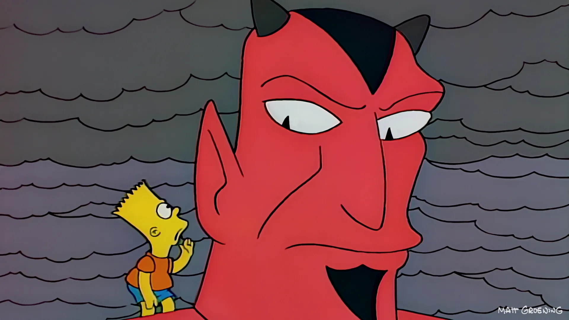 A giant red Devil with black horns and a goatee looks off-screen with a stern expression while a tiny Bart Simpson stands on his shoulder, looking up at him curiously against a background of dark, swirling clouds.