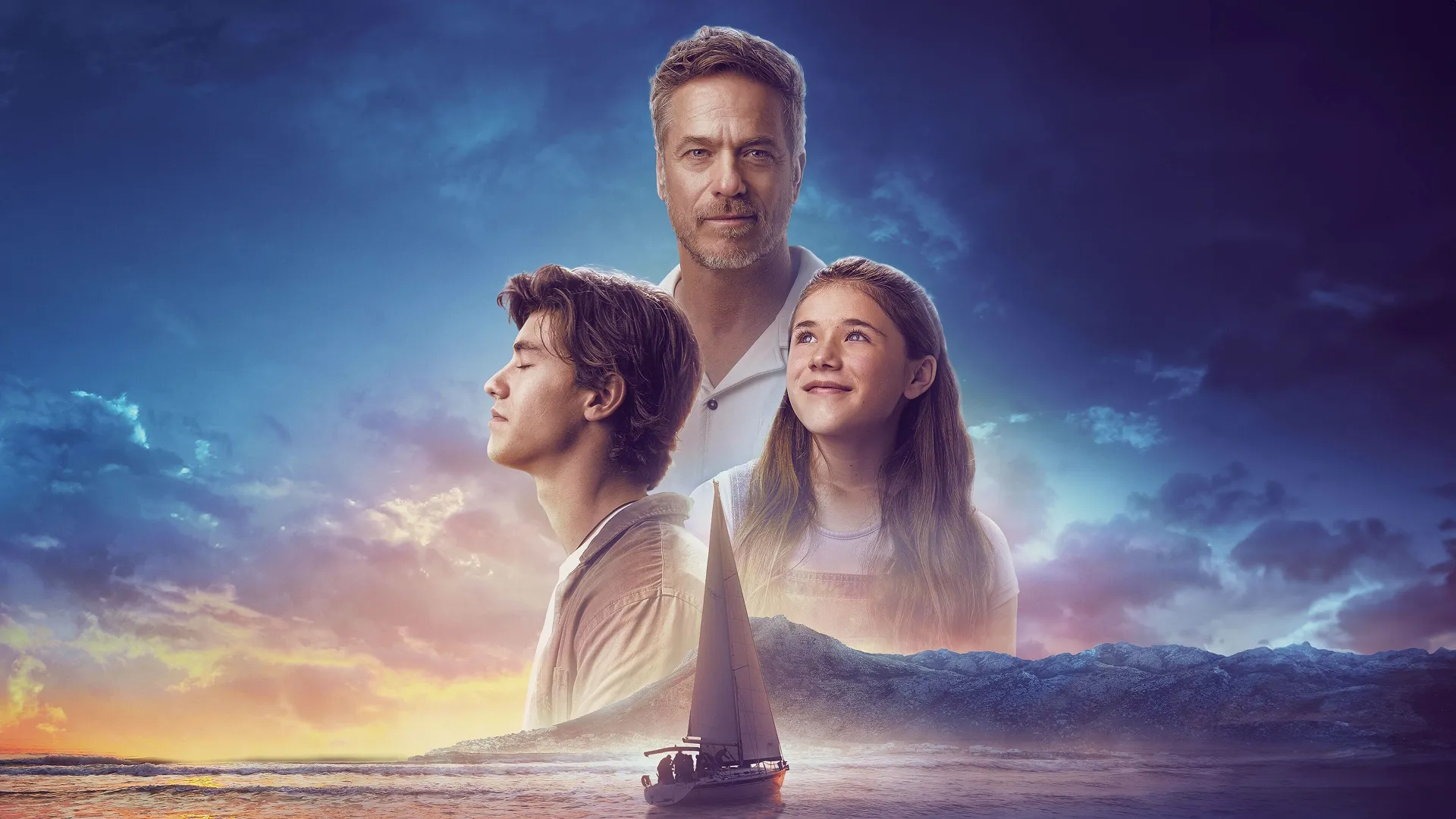 Promotional art for Summertide featuring Martin Field (Frank Rautenbach) and his children: Tristan (Jan Combrink) and Lucy (Evangelina Hallock).