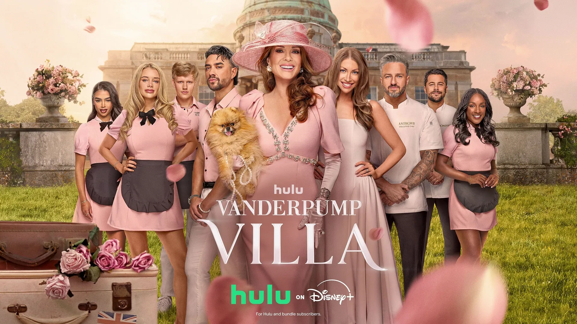 The cast of Vanderpump Villa stand in front of the Season 3 house. Text reads: Vanderpump Villa, Hulu on Disney+