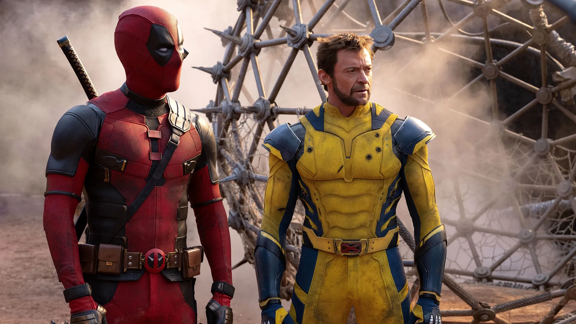 Deadpool (Ryan Reynolds) and Wolverine (Hugh Jackman) look on in the distance while in the void.