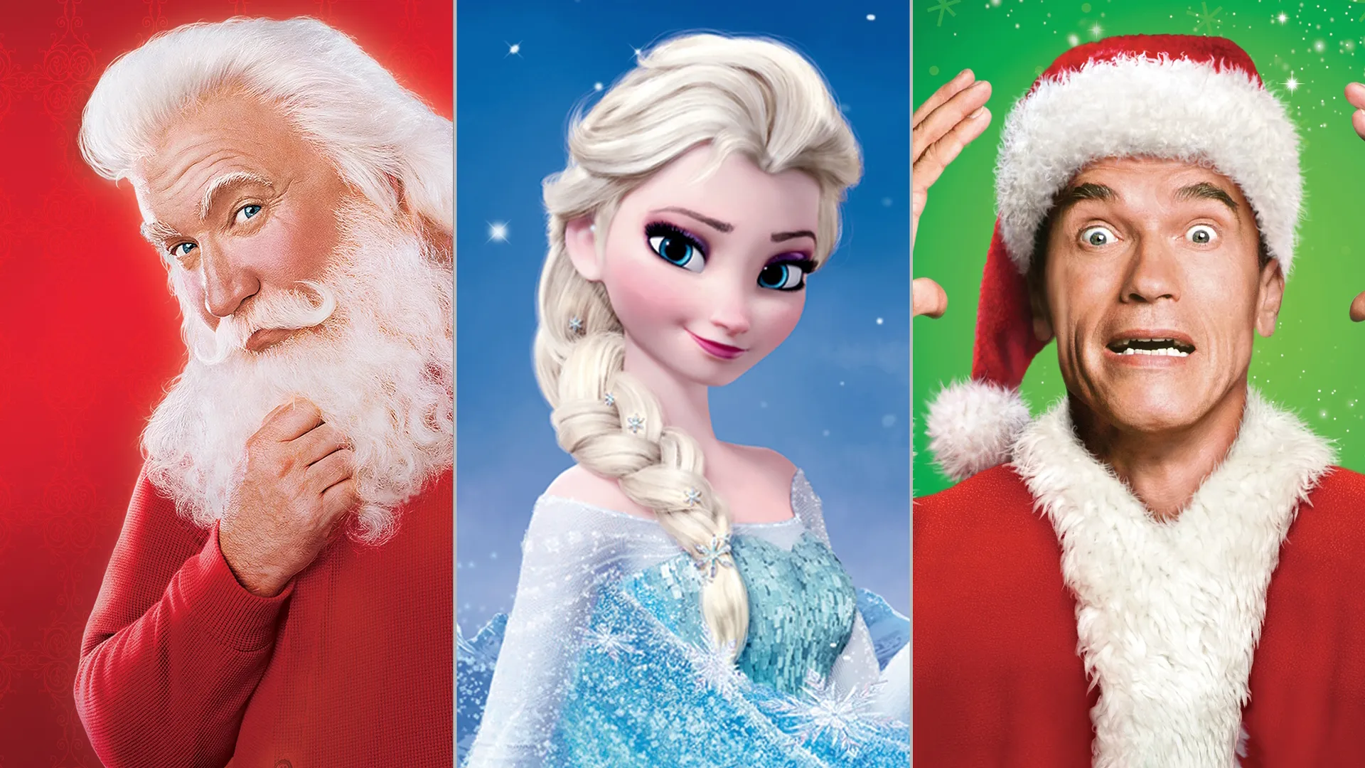 An image split into three parts featuring Scott Calvin from the Santa Clause, Elsa from Frozen, and Howard Langston from Jingle all the Way