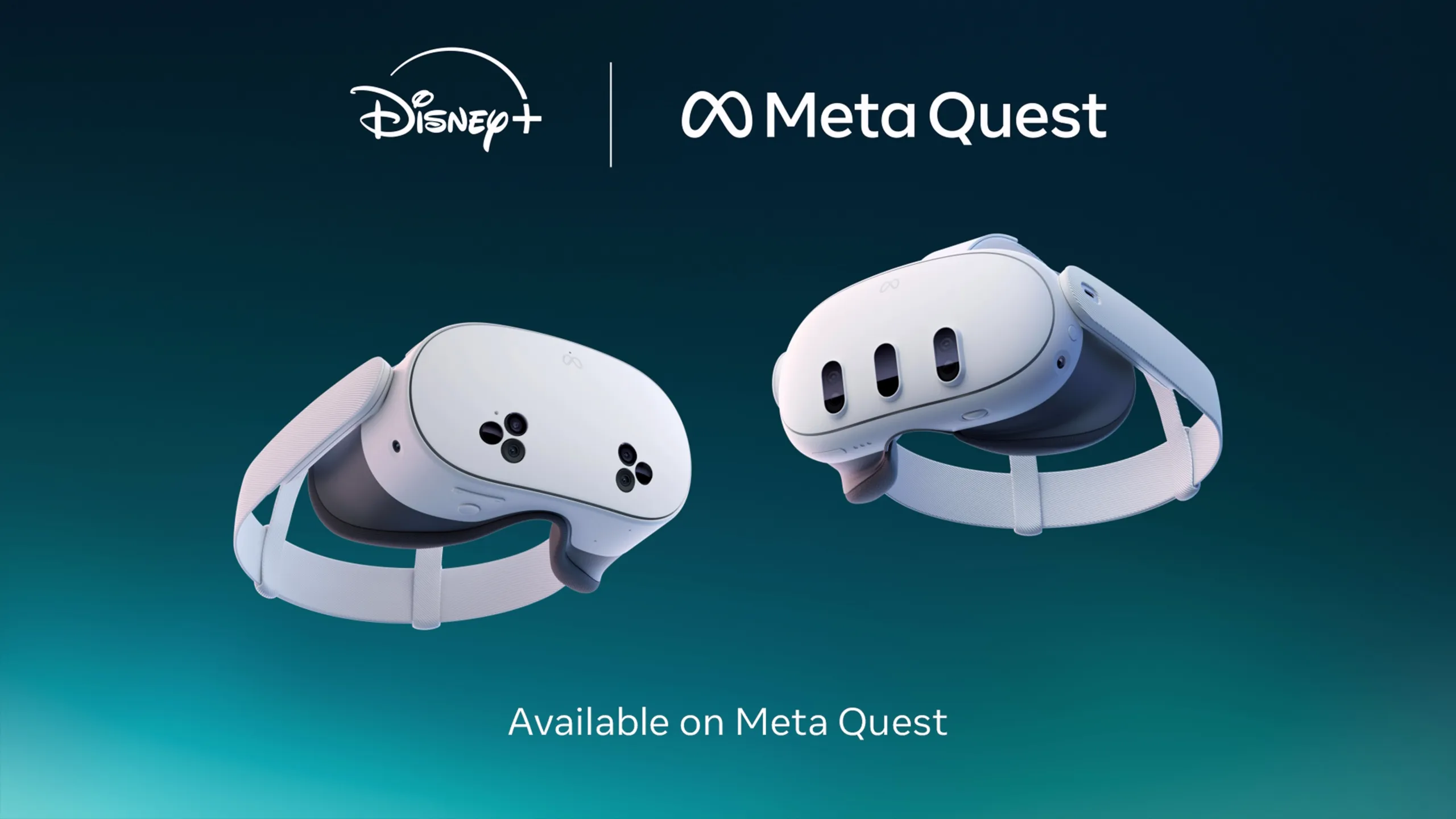 Two Meta Quest devices appear below the Disney+ and Meta Quest logos. Text reads: Available on Meta Quest.