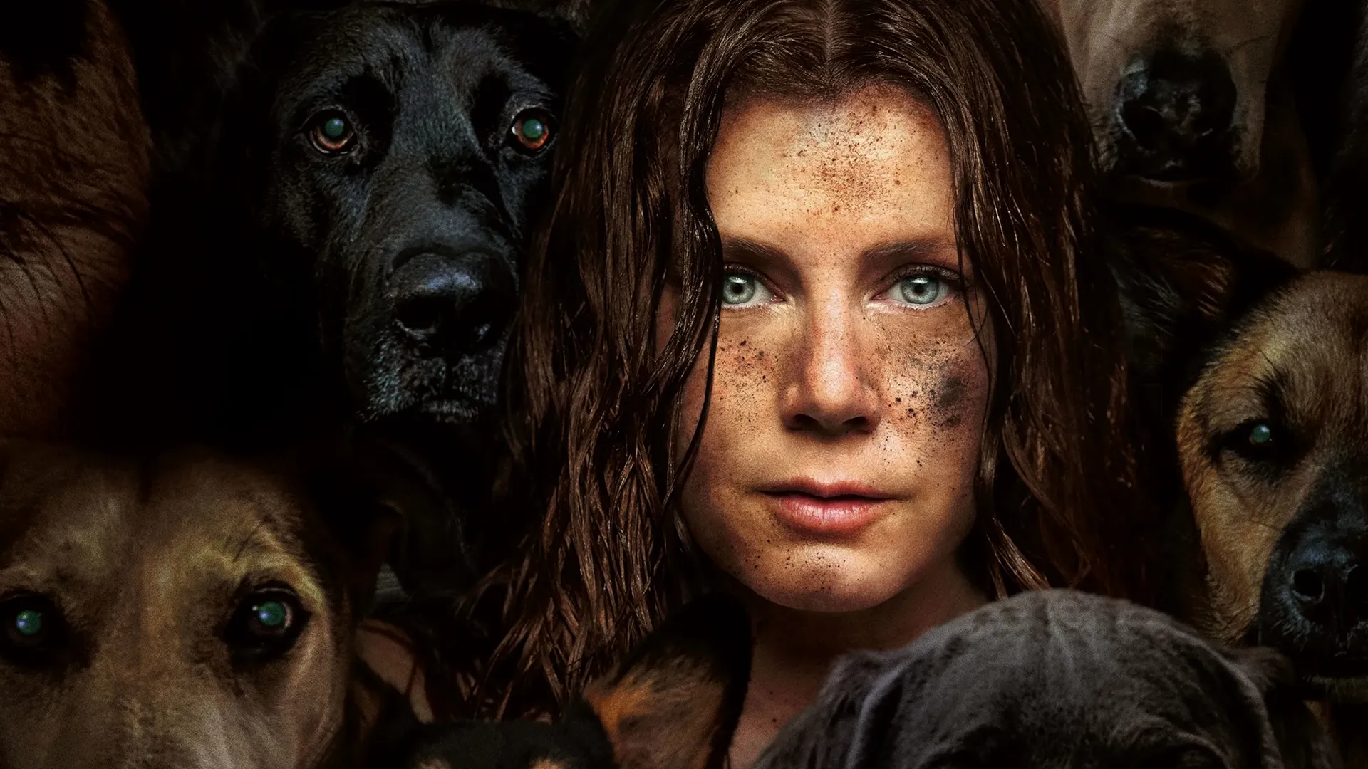 Mother (Amy Adams) with dirt on her face is surrounded by dogs.