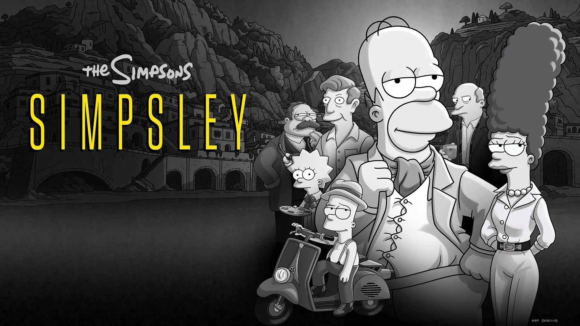 A black and white image of characters from The Simspso