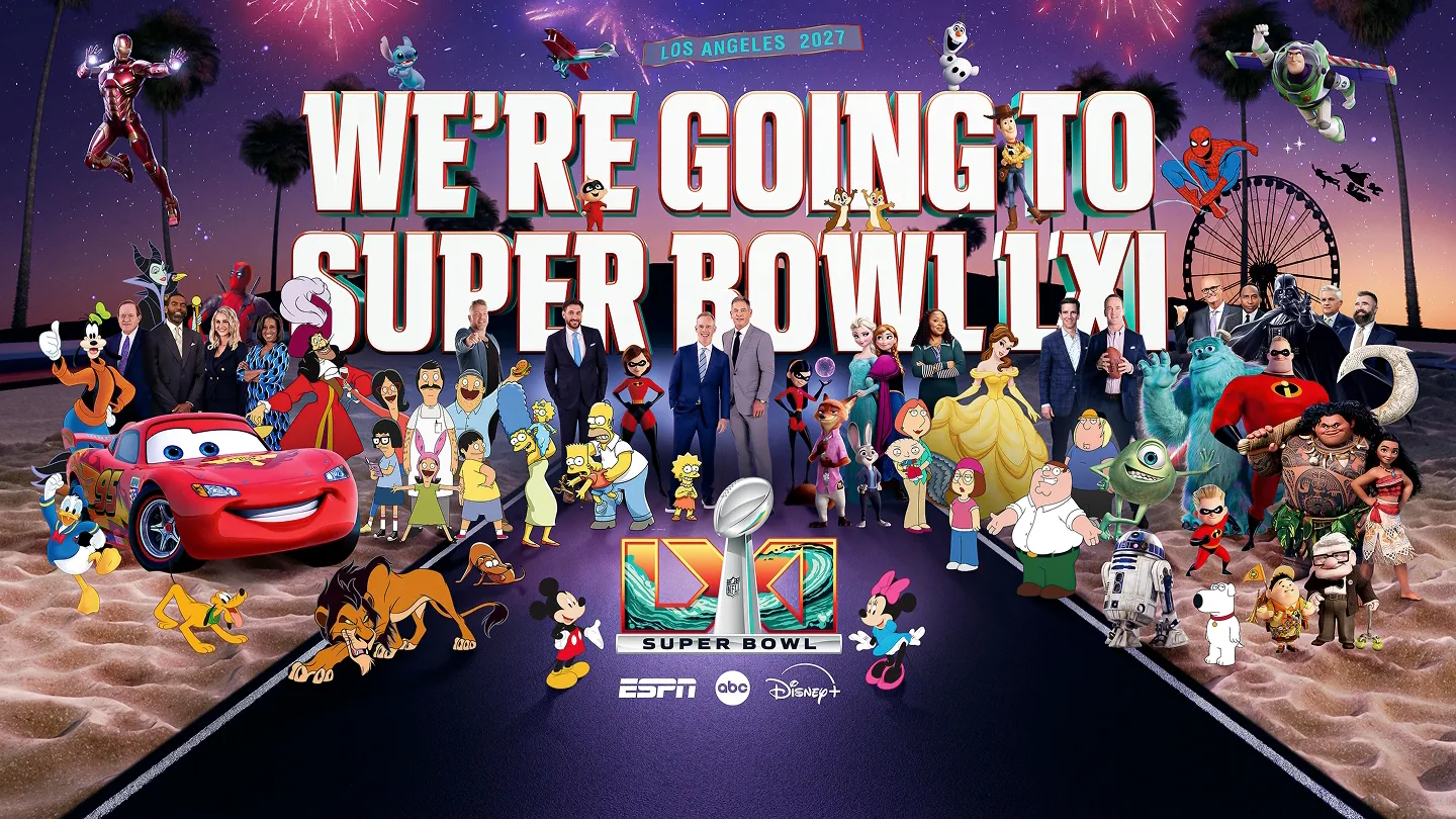 The image shows key art for Super Bowl LXI, marking ESPN and The Walt Disney Company's inaugural Super Bowl broadcast campaign titled "We're Going". 
