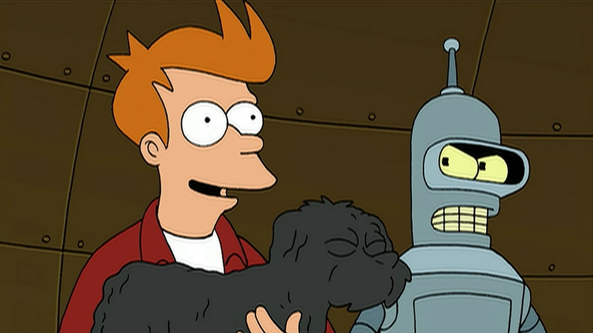 Fry (Billy West) cradles a fossilized Seymour (Frank Welker) while Bender (John DiMaggio) looks on uneasily.