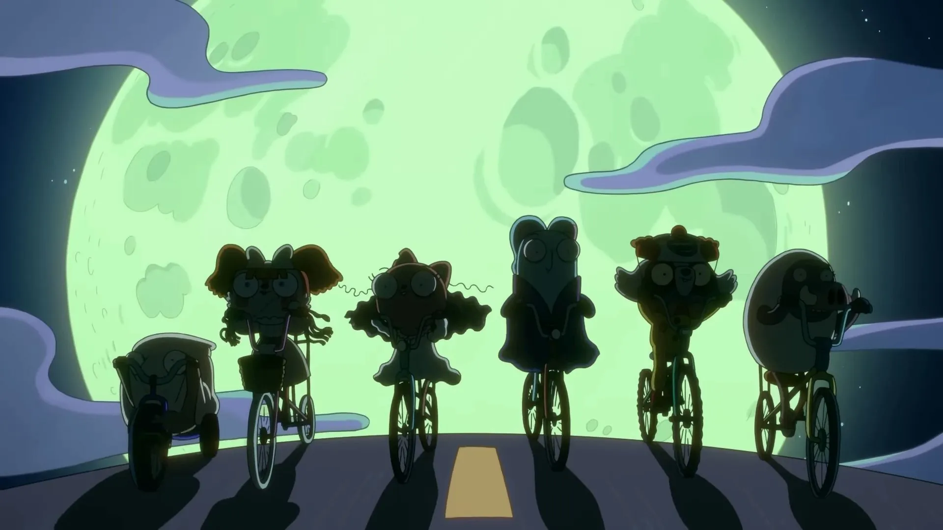 Kiff characters cycling in the dark as the moon illuminates the sky behind them.