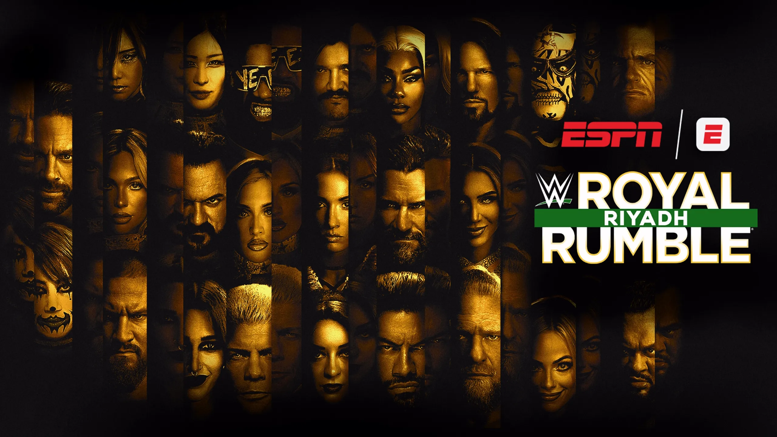 A promo image featuring the faces of the wrestlers featuring in WWE Royal Rumble, along with the event logo and ESPN logo