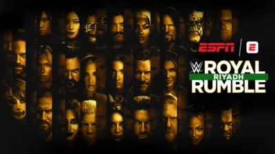 A promo image featuring the faces of the wrestlers featuring in WWE Royal Rumble, along with the event logo and ESPN logo