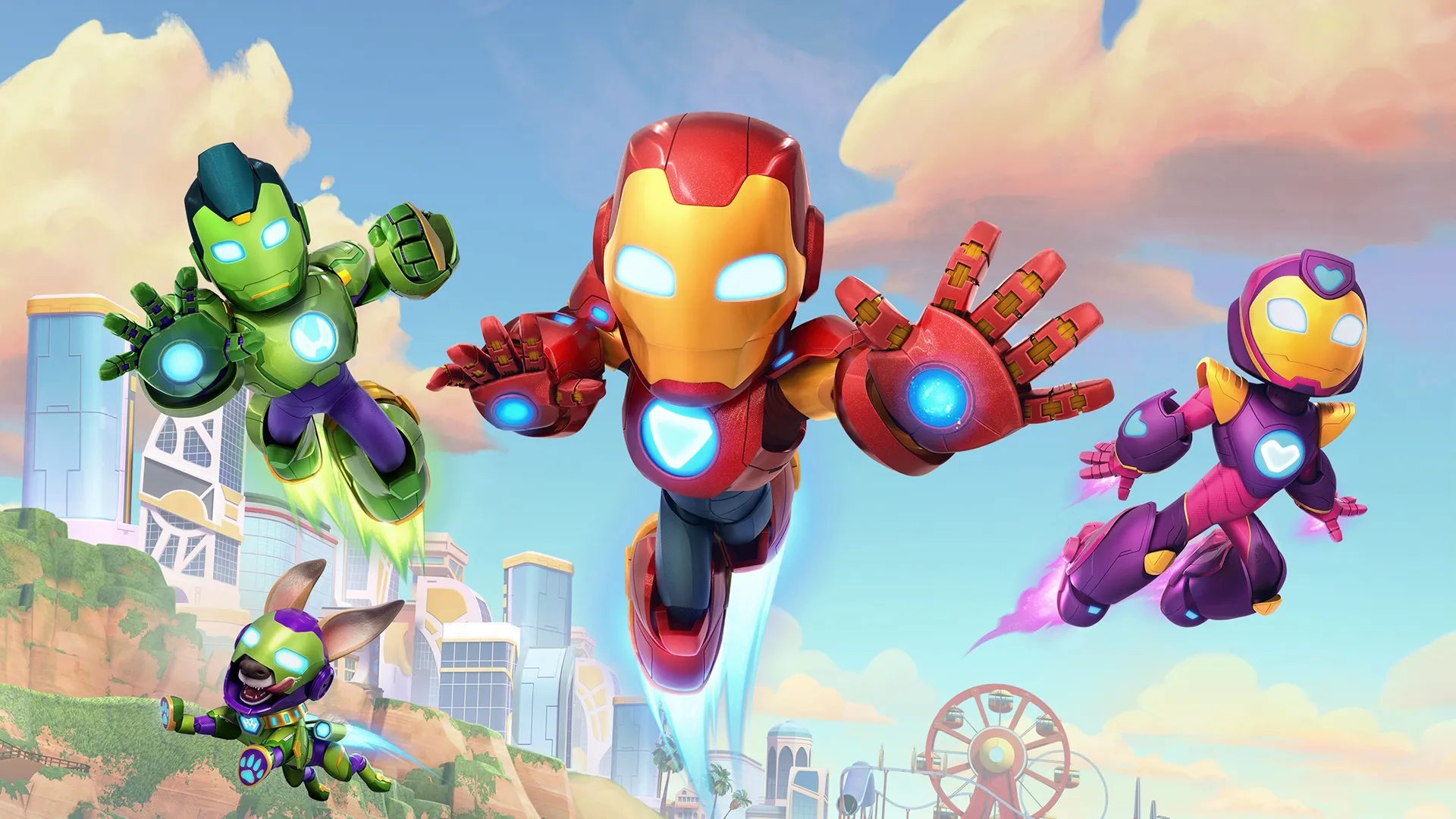 Iron Hulk, Iron Man and Ironheart fly into action.