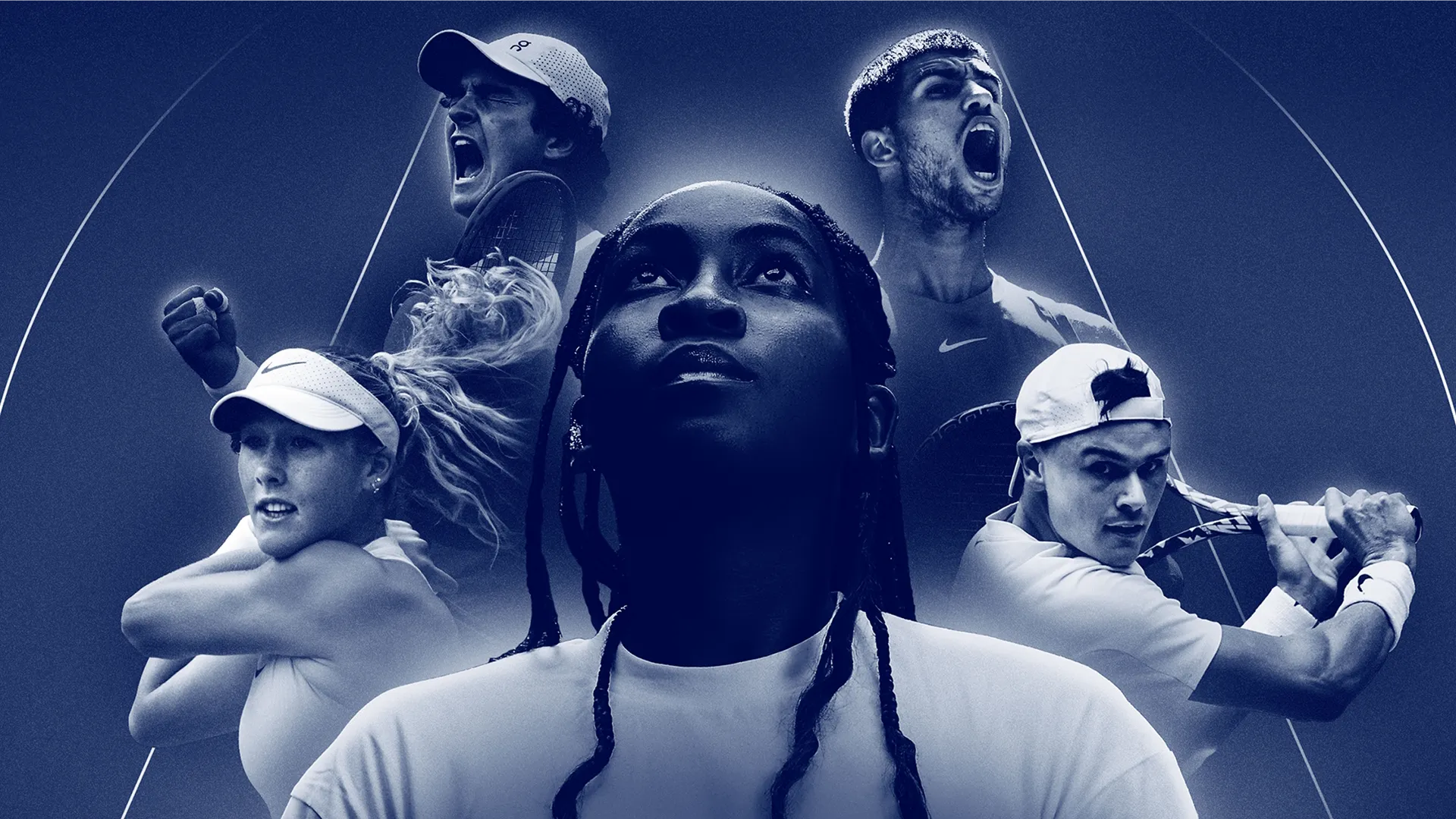 Arte principal com jovens estrelas do tênis nos torneios WTA e ATP, incluindo Mirra Andreeva, João Fonseca, Coco Gauff, Carlos Alcaraz e Holger Rune.