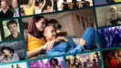 Collage de películas y series que celebran el Orgullo, con una imagen central de dos mujeres recostadas juntas en un sofá viendo televisión.