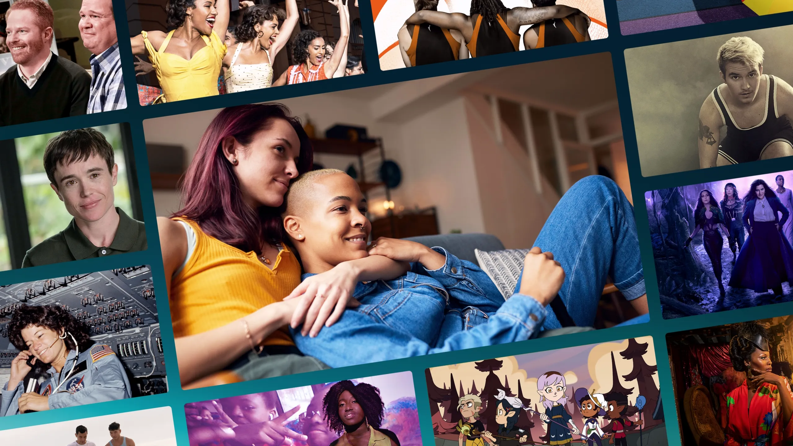 Collage of movies and shows that celebrate Pride around a central image of two women laying together on the couch watching TV.