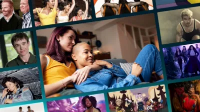 Collage of movies and shows that celebrate Pride around a central image of two women laying together on the couch watching TV.