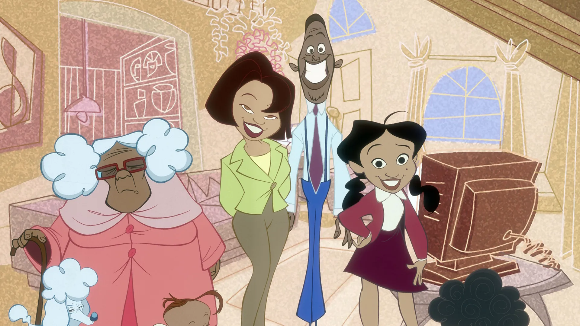 Suga Mama (voiced by Jo Marie Payton), Trudy (voiced by Paula Jai Parker), Oscar (voiced by Tommy Davidson), and Penny Proud (voiced by Kyla Pratt) in The Proud Family