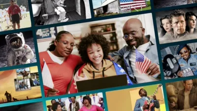 An image of a man, woman, and a child in front of a laptop, holding American flags. The central image is surrounded by images from the movies in this Watch Guide