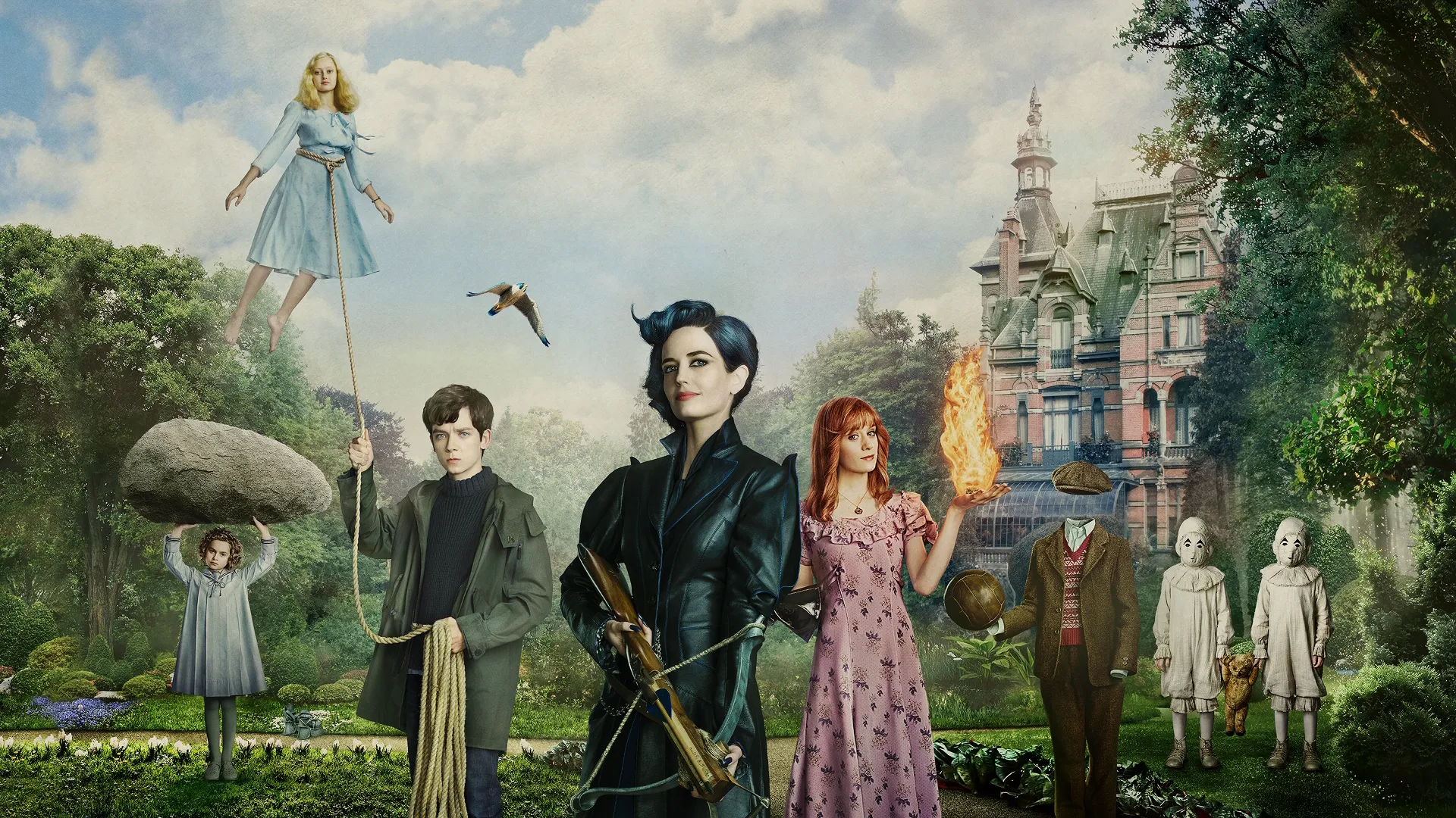 Promotional art featuring the characters Miss Peregrine (center, played by Eva Green), Jake (left of center, played by Asa Butterfield), and several of the children with their unique abilities.