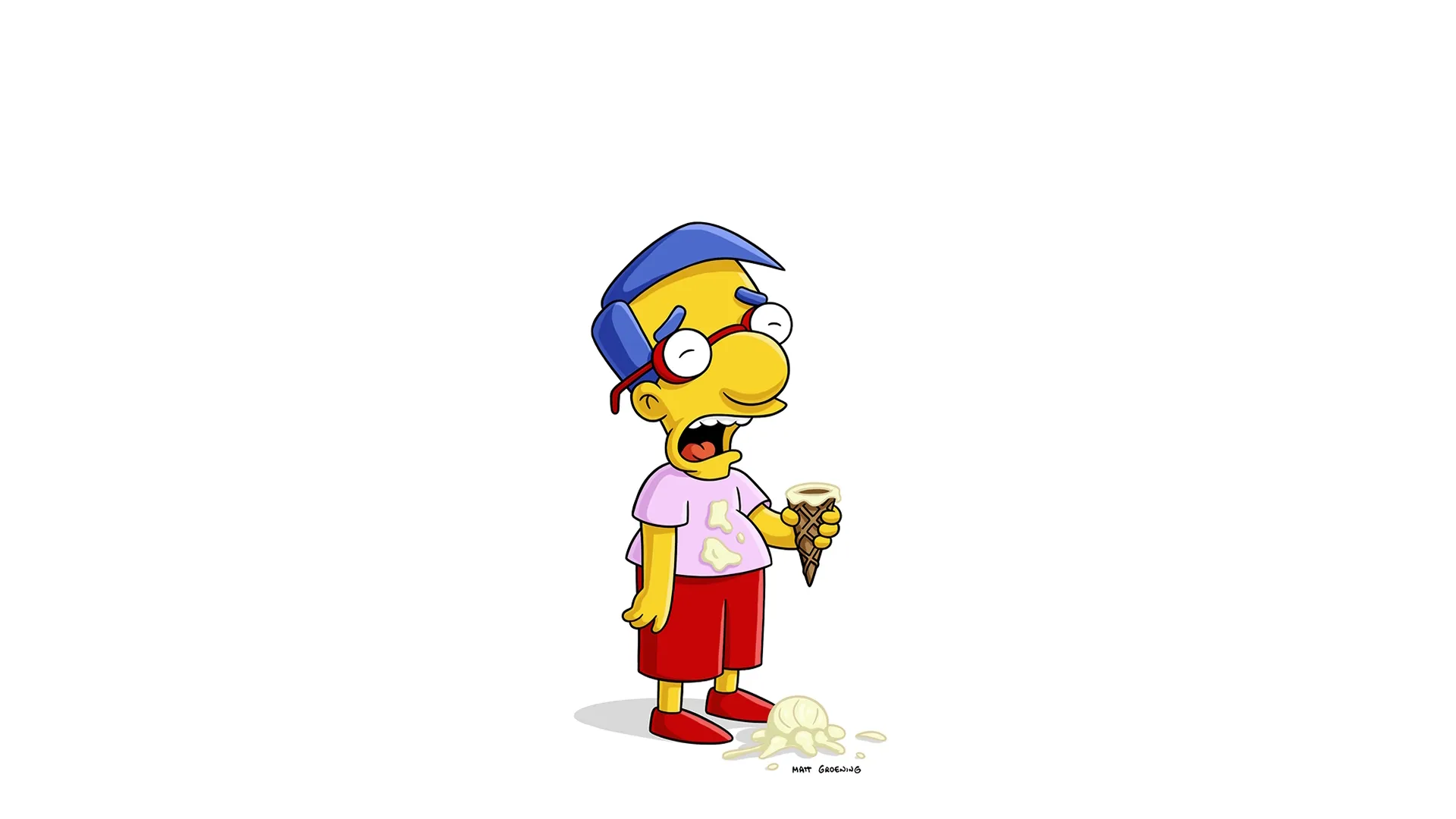 Imagem do personagem Milhouse Van Houten, de Os Simpsons, parecendo chateado depois de derrubar seu sorvete.