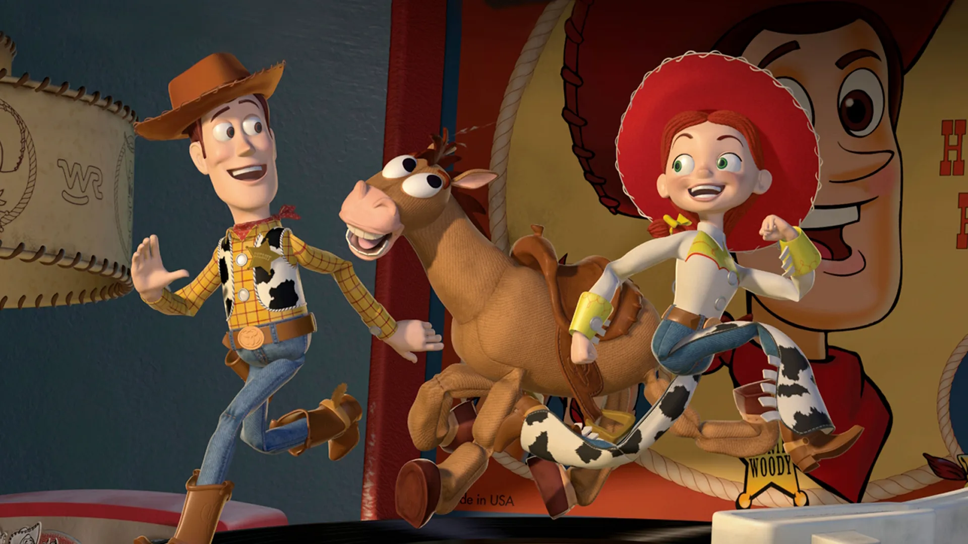 Woody dancing with Jessie and Bullseye on a record player in Toy Story 2.