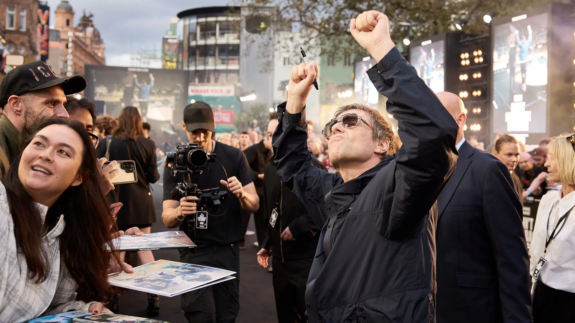 Liam Gallagher greets fans at the London premiere of Oasis: Don’t Look Back in Anger.