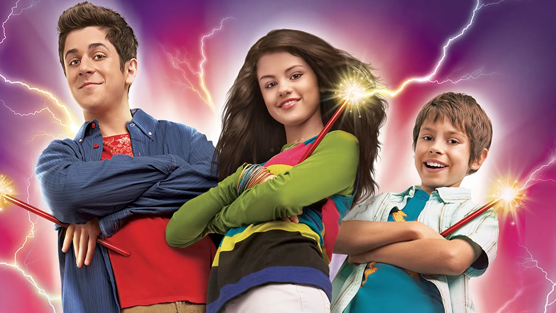 Justin (David Henrie), Alex (Selena Gomez), and Max Russo (Jake T. Austin) in a promotional image for Wizards of Waverly Place