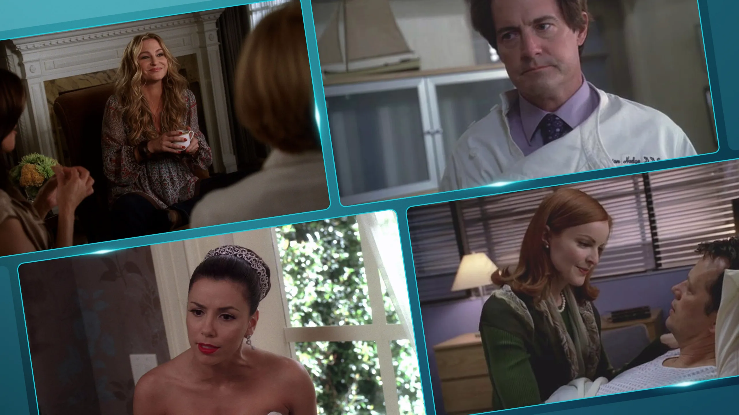A collage of four screenshots from Desperate Housewives featuring characters Susan, Orson, Gabrielle, and Bree in various dramatic scenes.
