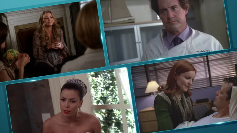 A collage of four screenshots from Desperate Housewives featuring characters Susan, Orson, Gabrielle, and Bree in various dramatic scenes.