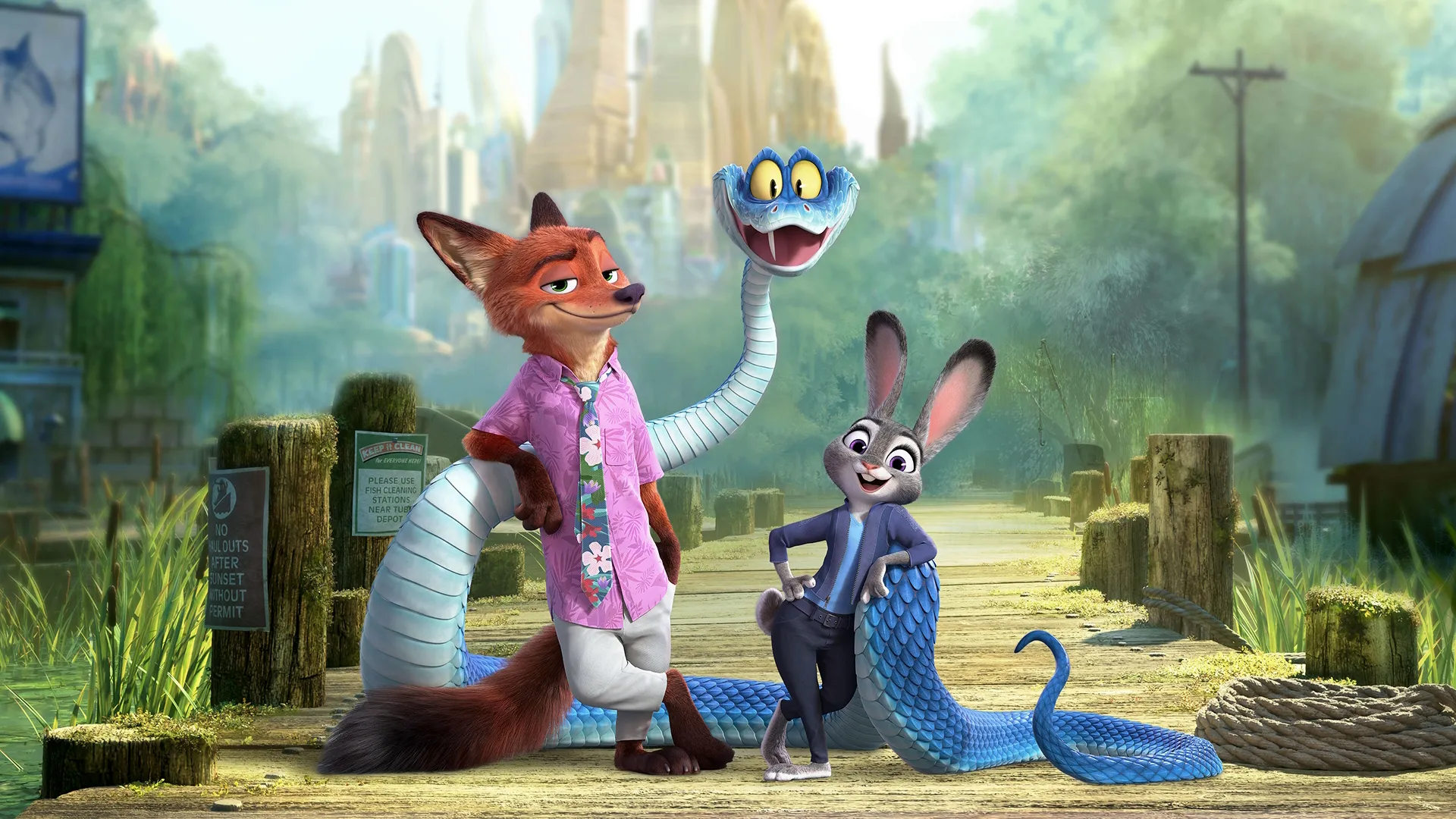 The image is from the animated film Zootopia 2, featuring the main characters Judy Hopps and Nick Wilde alongside Gary De’Snake.
