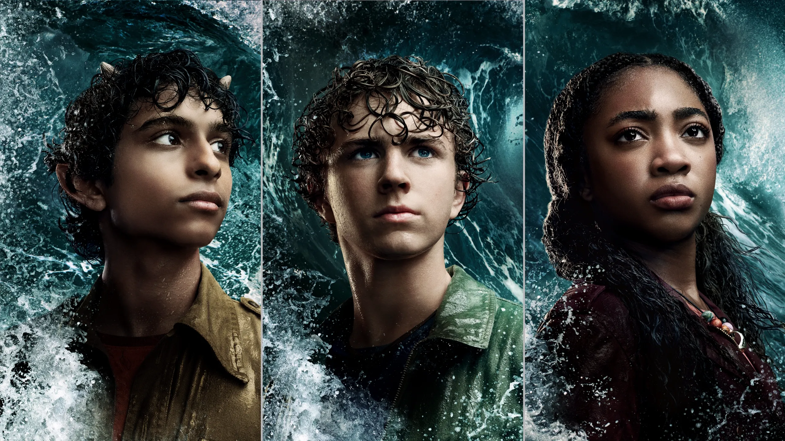 Grover Underwood (played by Aryan Simhadri), Percy Jackson (played by Walker Scobell), and Annabeth Chase (played by Leah Sava Jeffries) in the Disney+ original series Percy Jackson and the Olympians.