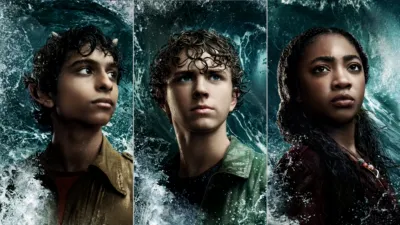 Grover Underwood (played by Aryan Simhadri), Percy Jackson (played by Walker Scobell), and Annabeth Chase (played by Leah Sava Jeffries) in the Disney+ original series Percy Jackson and the Olympians.
