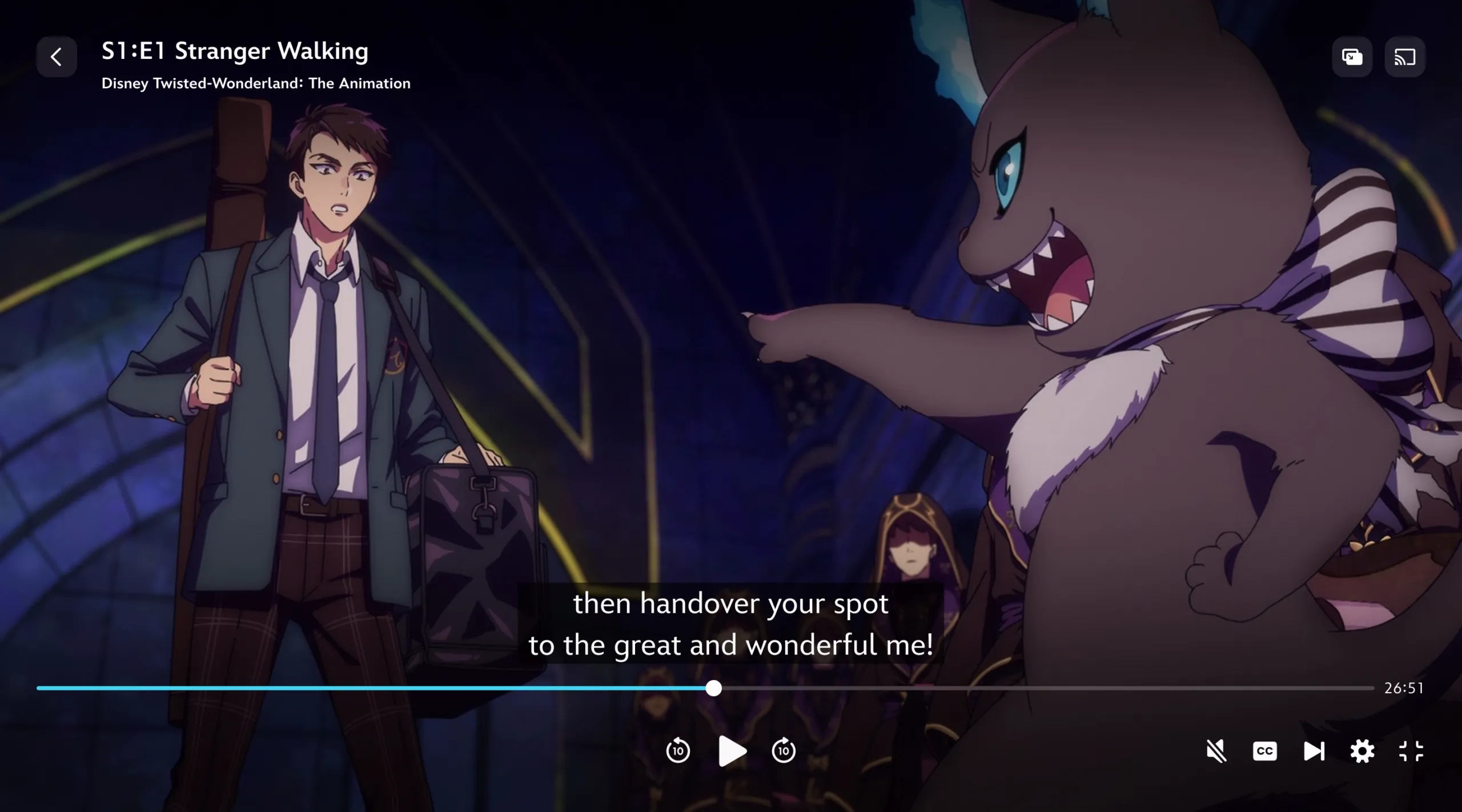 A scene from Disney Twisted-Wonderland: The Animation corrected to English subtitles.