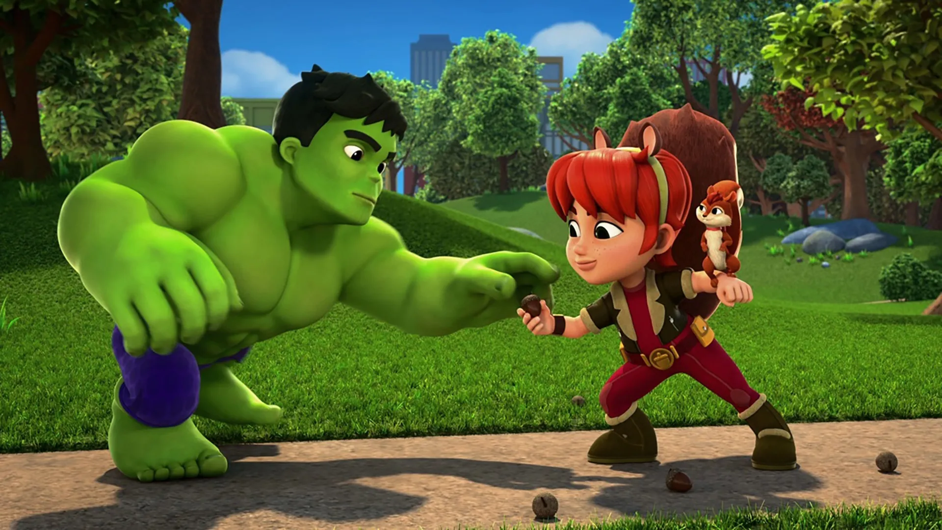 The Hulk takes an acorn off Squirrel Girl in a park in Marvel's Spidey and His Amazing Friends.