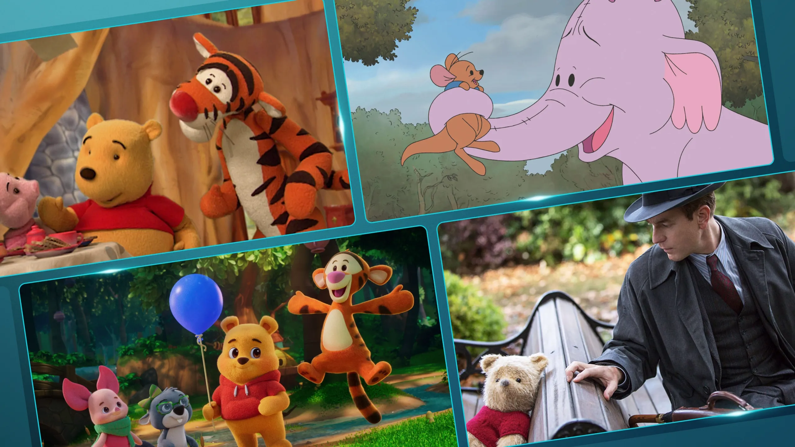ディズニーの「くまのプーさん」シリーズから、人形劇番組、オリジナルアニメーション、CGIアニメーション、そして実写映画『プーと大人になった僕』まで、さまざまなシーンを収めた画像コラージュ。 