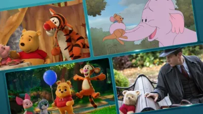 This image collage depicts various scenes from the Disney franchise Winnie the Pooh, including puppet animation, traditional animation, CGI animation, and a live-action scene from Christopher Robin. 