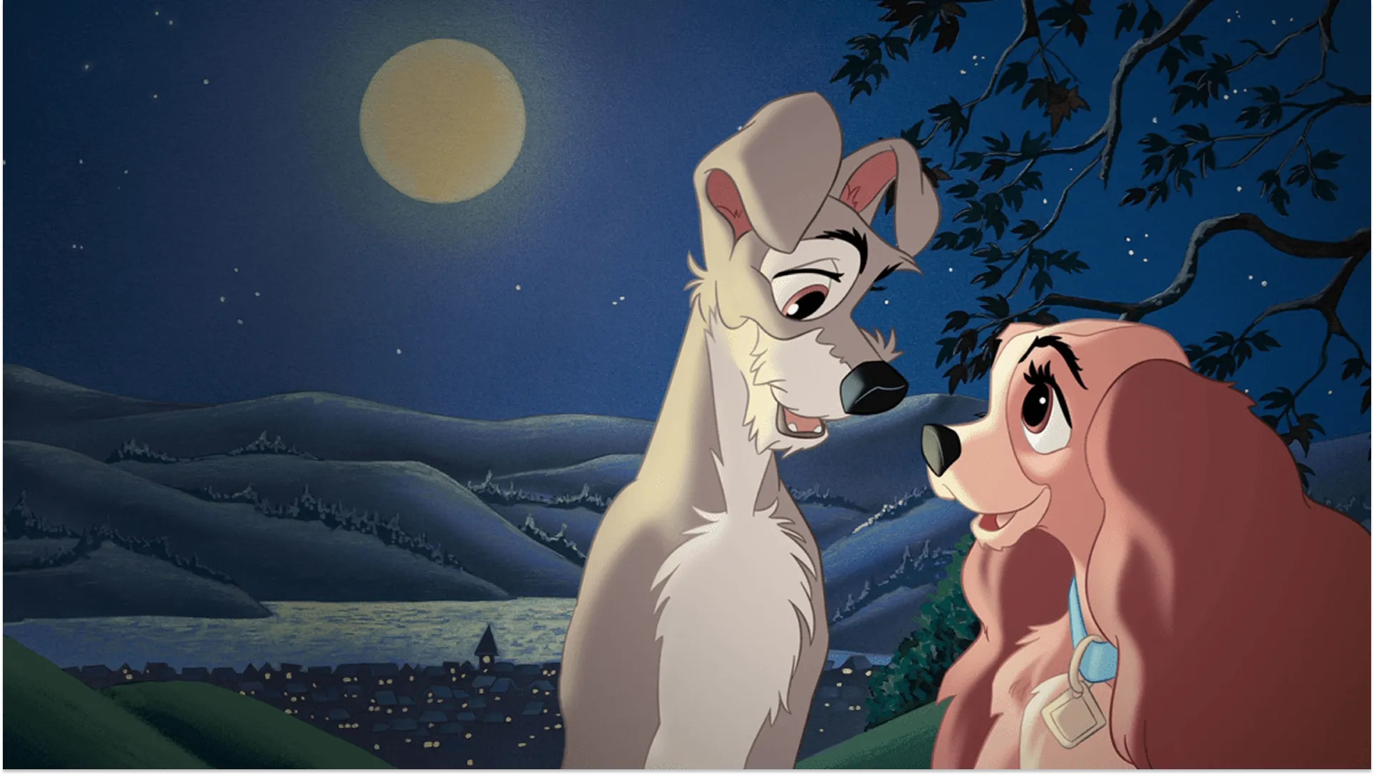 Dogs Lady and Tramp walk down the street in Lady and the Tramp (1955)