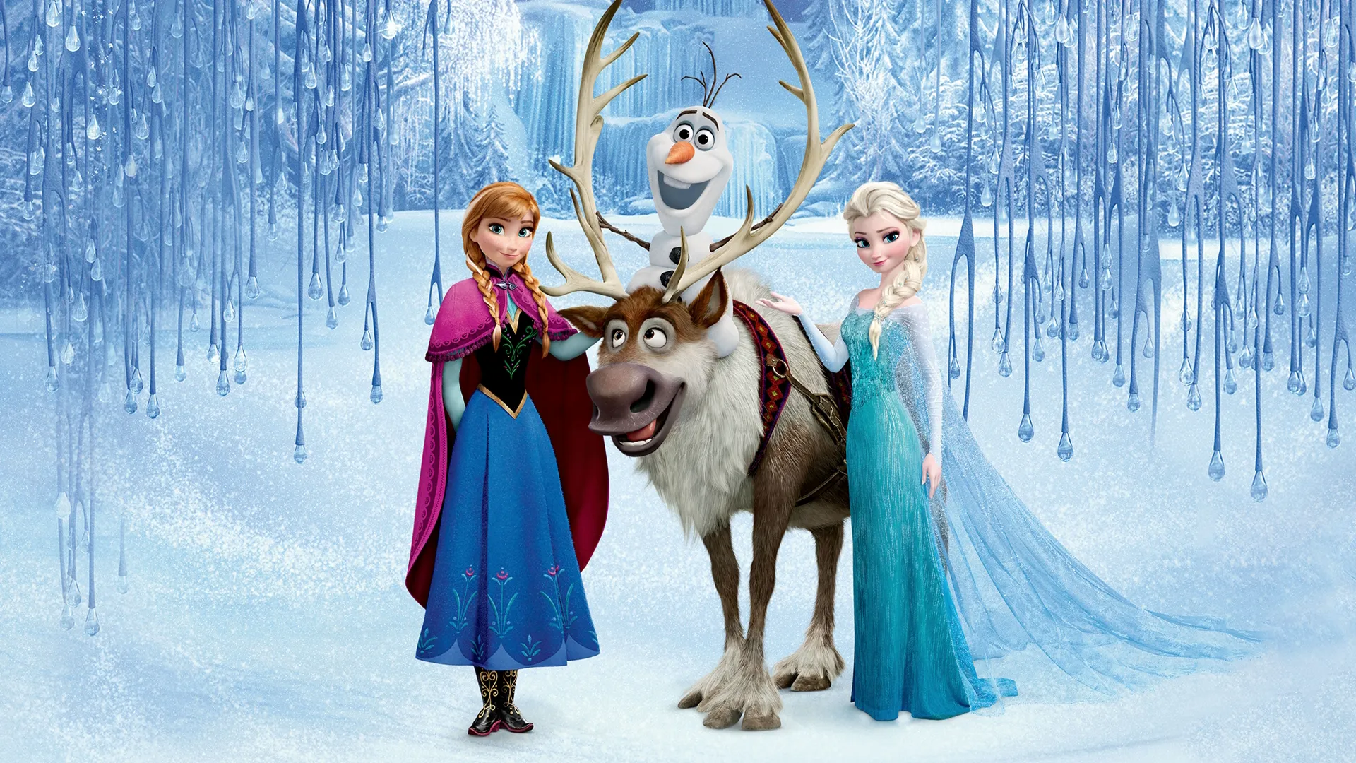 This image features the main characters from the Disney animated film franchise Frozen, including Elsa, Anna, Olaf, and Sven the reindeer. 