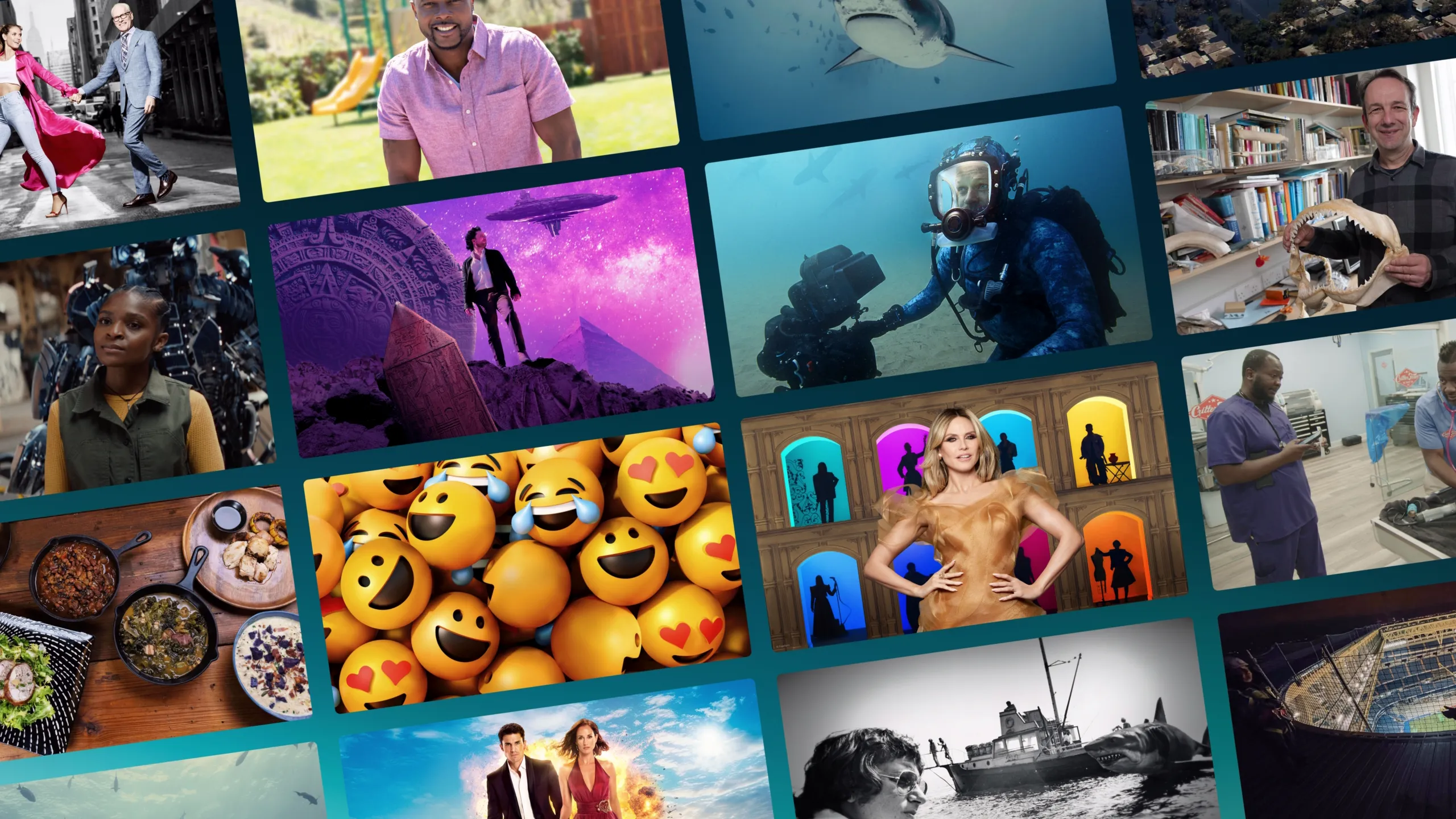 An angled grid of rectangles showing art from titles coming to Disney+ in July 2025.