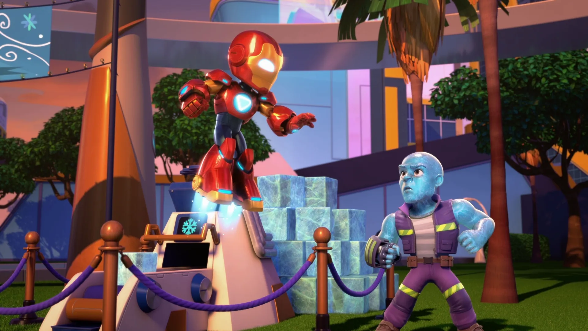 Iron Man hovers above an icy Absorbing Man