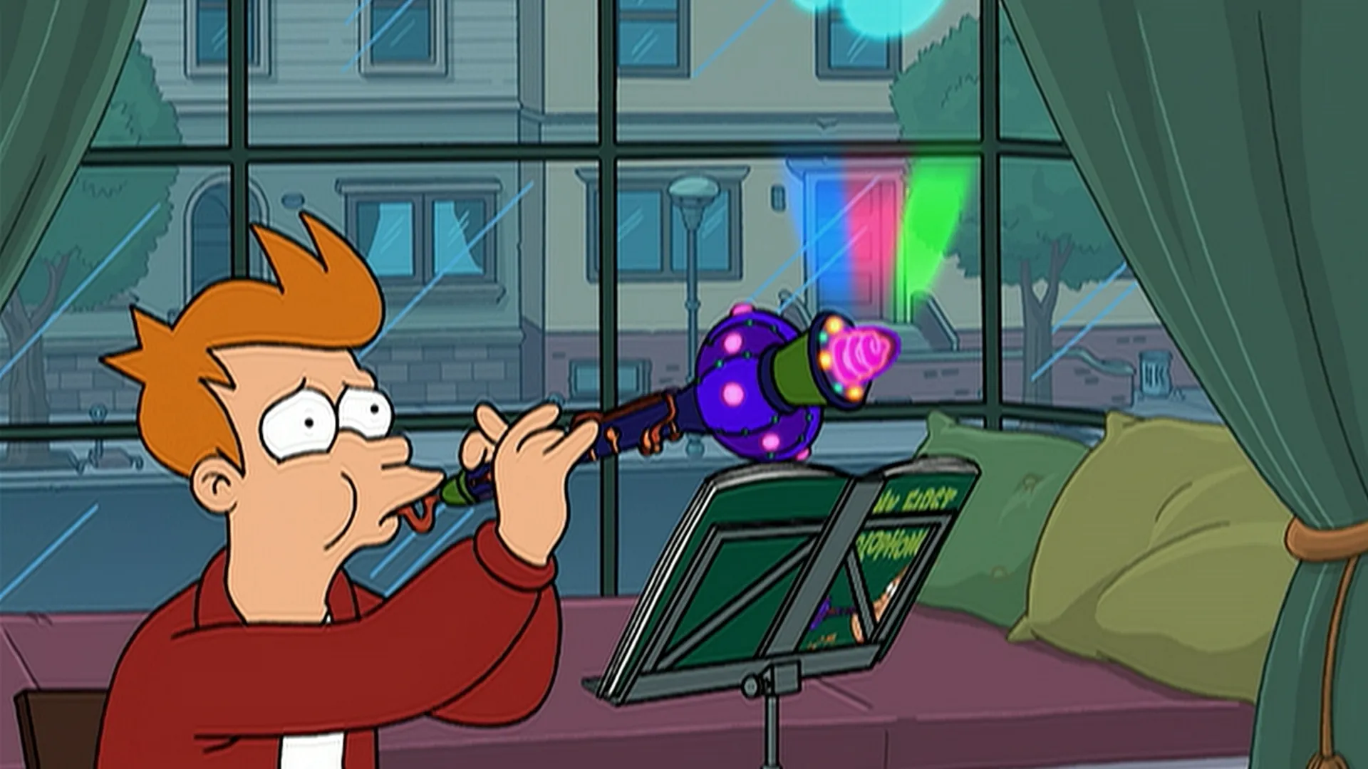 Fry (Billy West) plays a brightly coloured futuristic wind instrument beside a music stand.