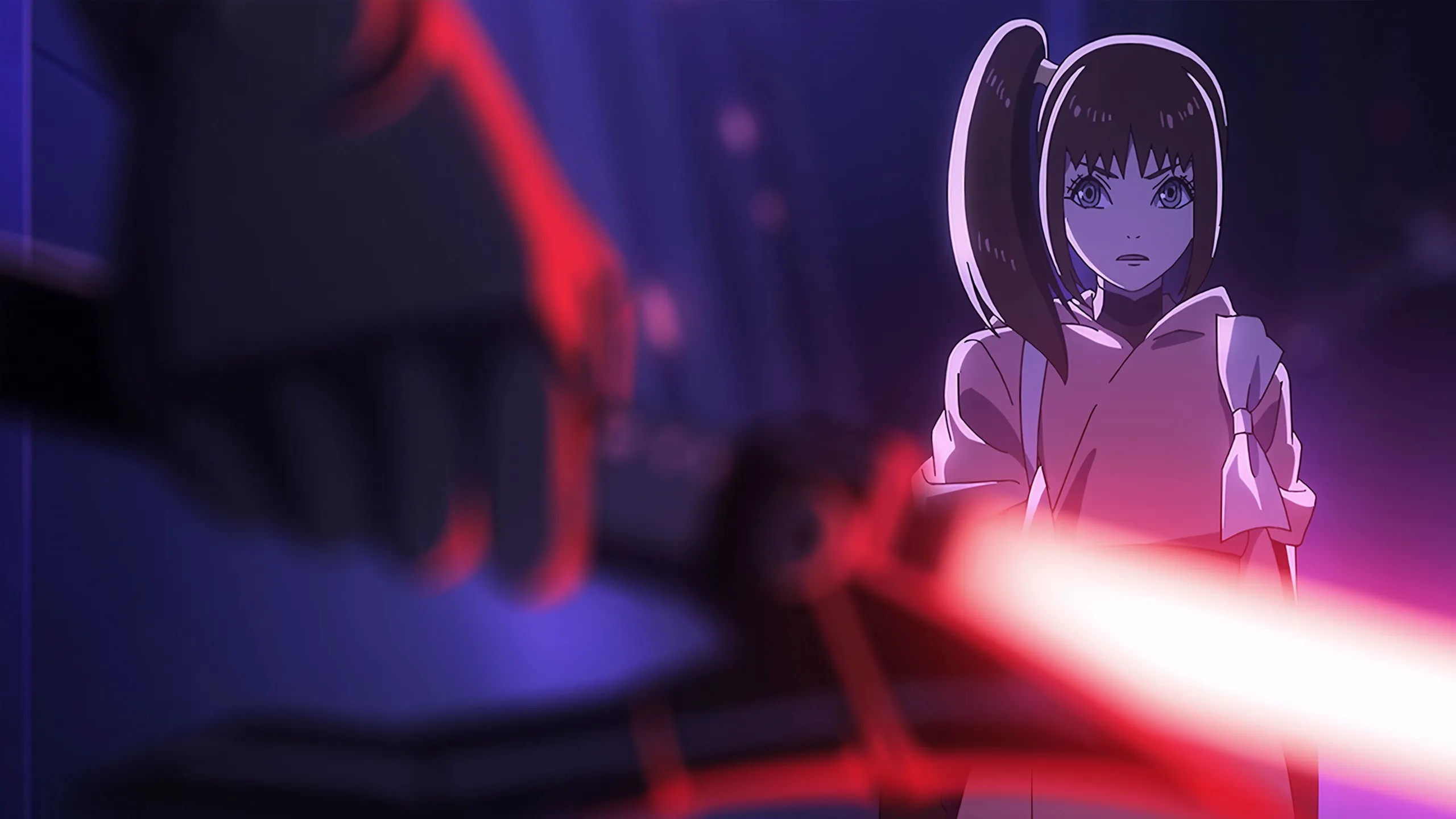Kara faces an enemy with a red lightsaber.