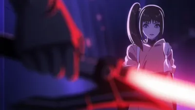 Kara faces an enemy with a red lightsaber.