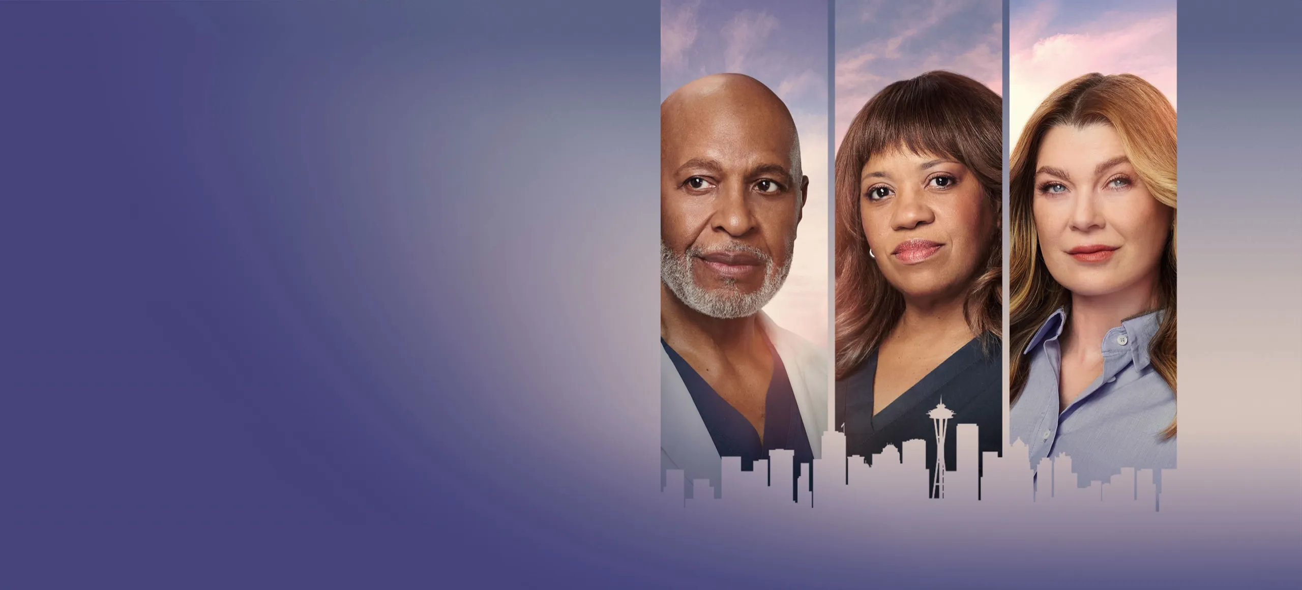 Grey’s Anatomy promotional artwork featuring three characters in portrait panels above the Seattle skyline and Space Needle.