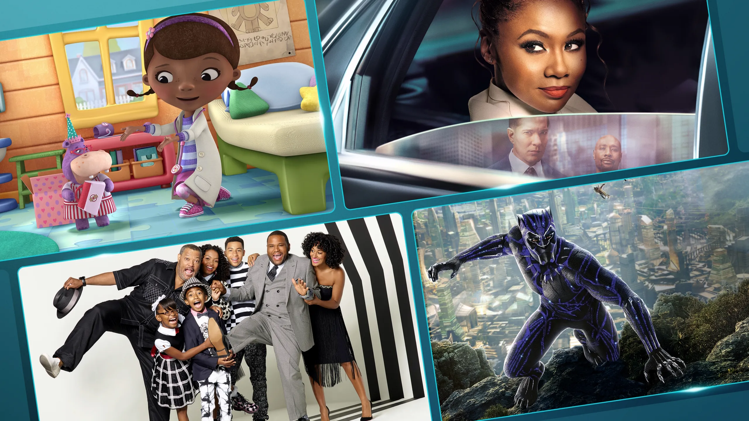 A collage of images fromDoc McStuffins, Reasonable Doubt, black-ish, and Black Panther